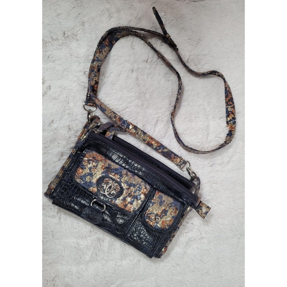 Sharif 1827 Navy Blue Snakeskin Embossed Crossbody Handbag Snakeskin